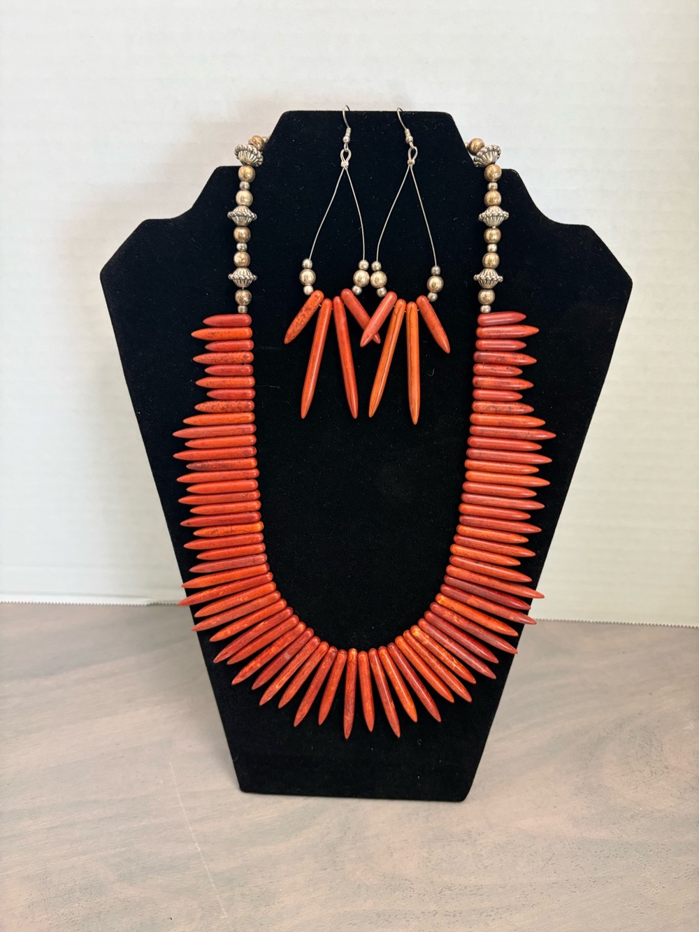 Handcrafted Orange Spike Bead Necklace & Earrings Set